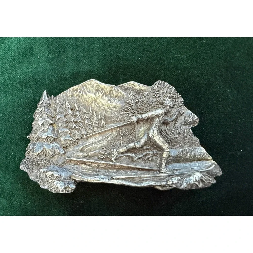 Vintage 1979 Bergamot Brass Works Pewter Belt Buckle Cross Country Skiing USA